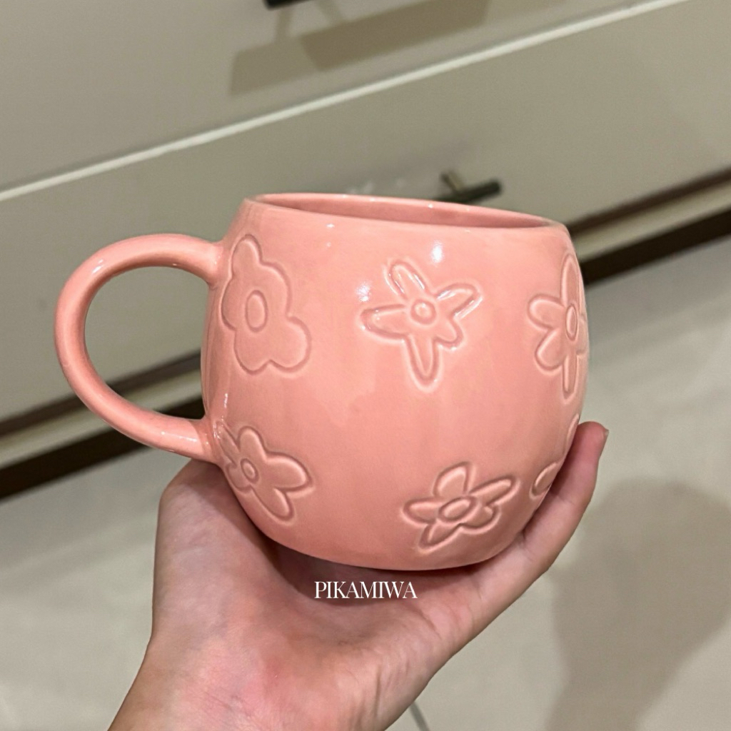 FLASH SALE FLOWER MUG WHITELINE PINK/PURPLE MUG CANTIK MUG MURAH MUG LUCU MUG KERAMIK GELAS MINUM