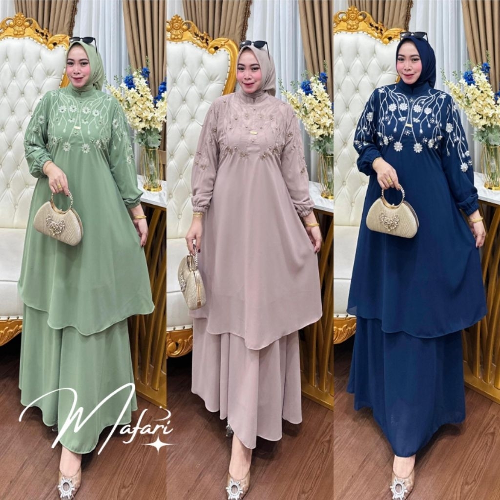 Mafari.ID - Setelan Rok Melayu Gamis Bordir Bahan Ceruty Babydoll Aksen Payet Mutiara Pesta