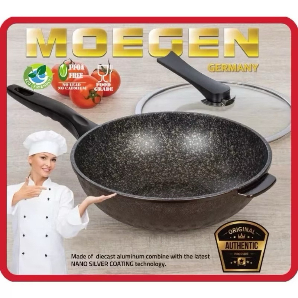 Moegen panci wok pan/ wok pan Germany 30 c+ tutup kaca teflon anti lengket wok pan panci