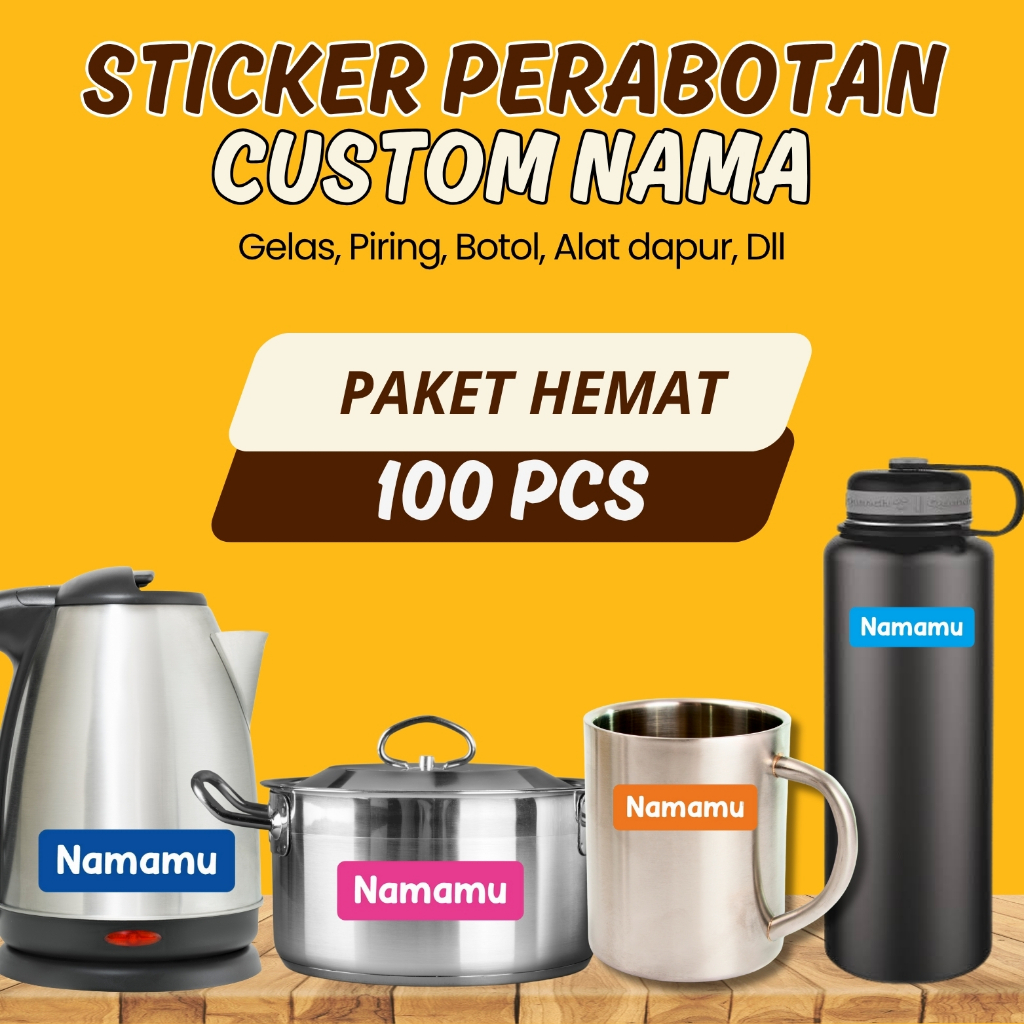 

100 Pcs Stiker Barang Custom Nama Piring Sendok Botol Gelas Perabotan timbul waterproof label