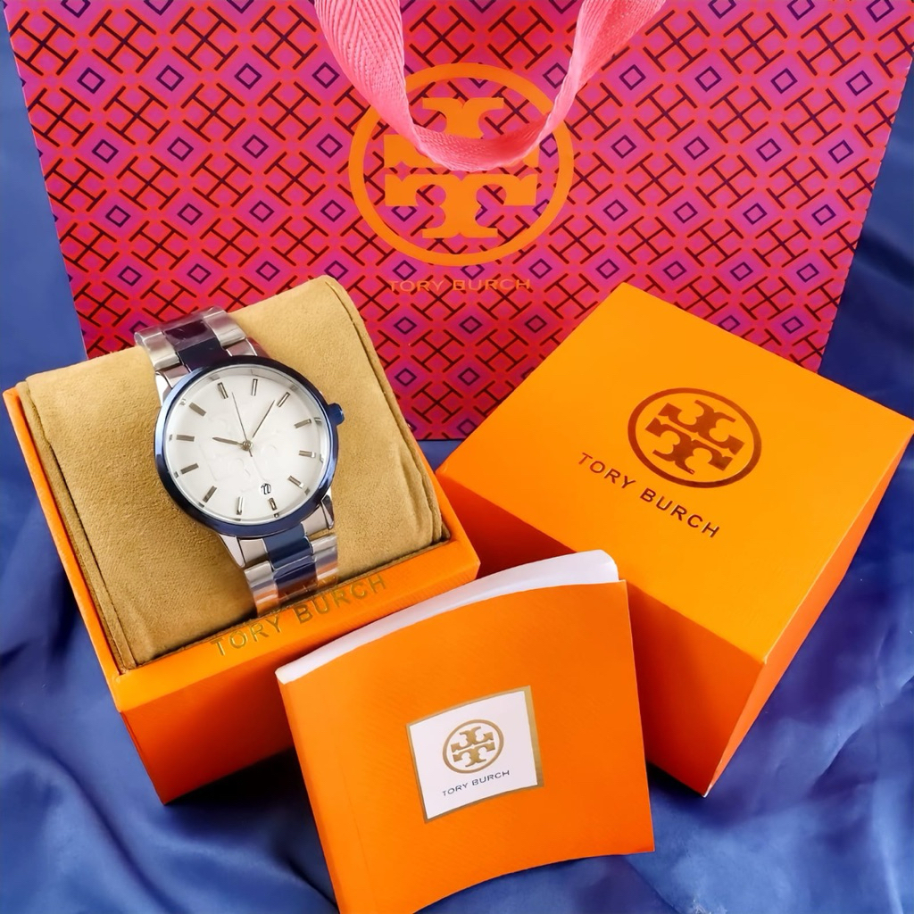 ( Free Set Original & Paperbag ) Jam Tangan Tory Burch Wanita Kode-W813 Date On Tali Rantai Steinles