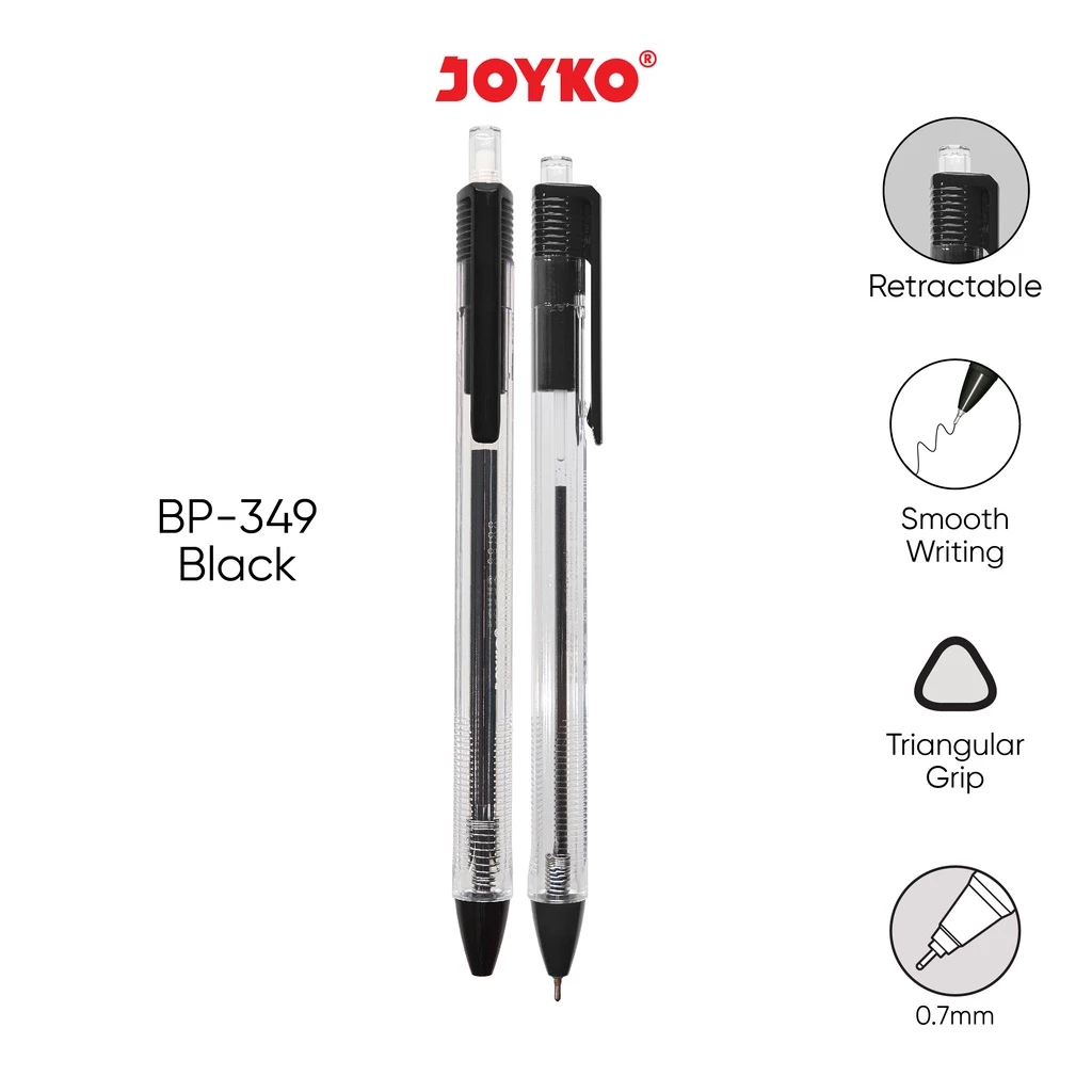 

12 Pcs 1 Pak Ball Pen Pulpen Pena Joyko BP-349 Hitam Vokus Trans 0.7 mm