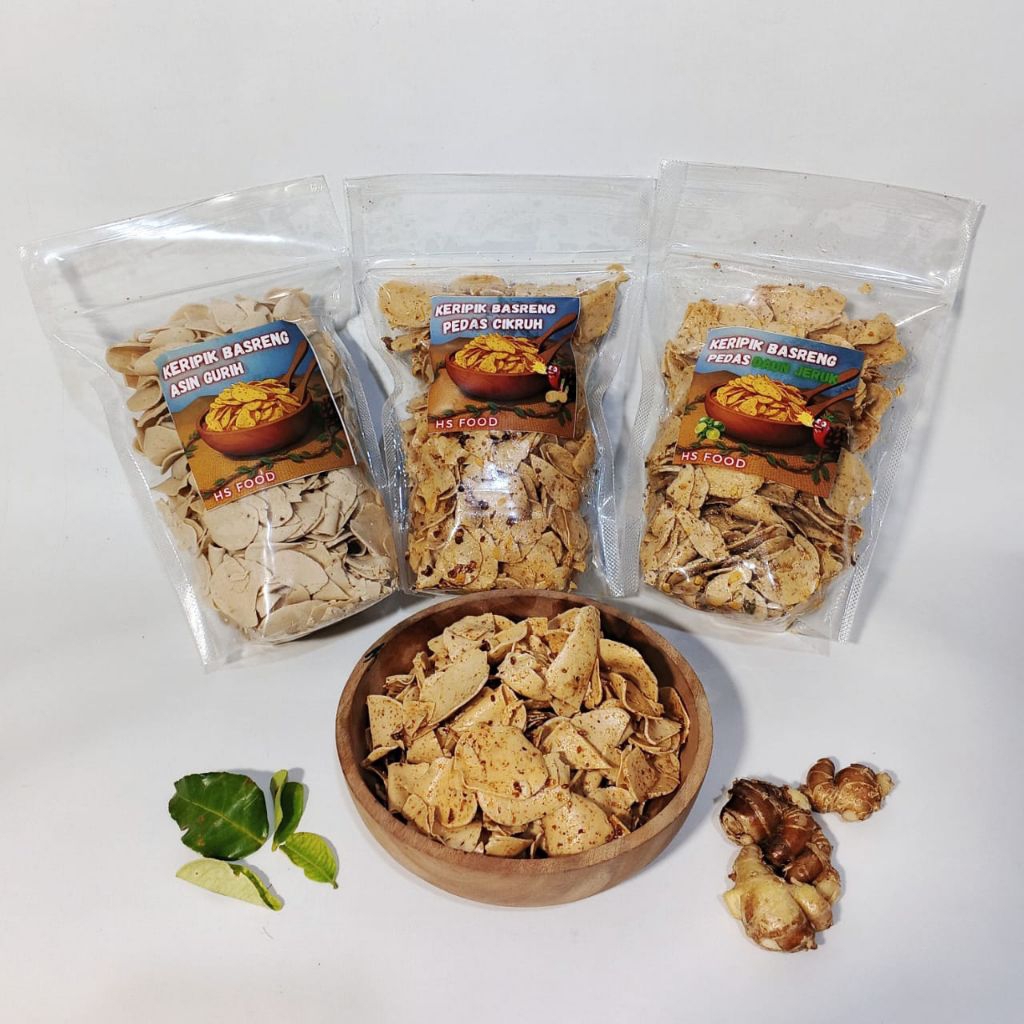 

keripik basreng pedas daun jeruk pedas cikruh dan original asin guri