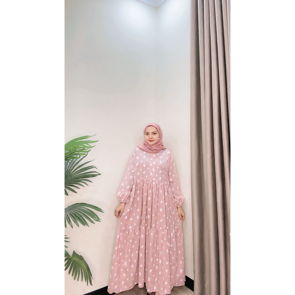 Haruka Korean Dress Wanita Gamis Katun Bahan Haruka Motif Kotak Kotak Bunga by Addoraid
