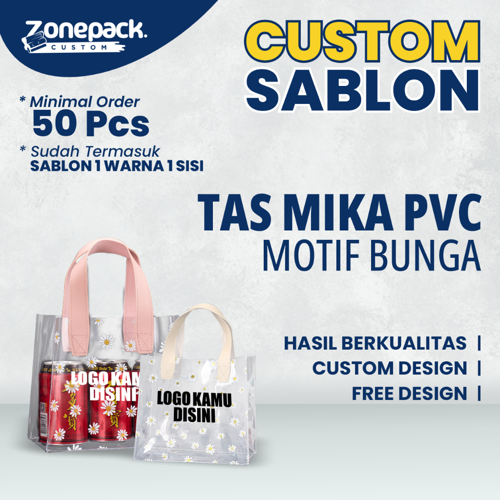 

Sablon Tas Mika PVC Motif Bunga Daisy | Sablon 1 Warna 1 Sisi Custom FREE DESIGN | Gift Bag