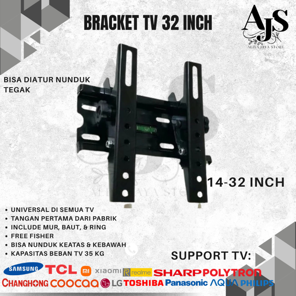 BRACKET TV TEMBOK LCD LED 14, 17, 19, 22, 24, 27, 28, 29, 30, 32 INCH COCOK SEMUA MERK TV NUNDUK TEG