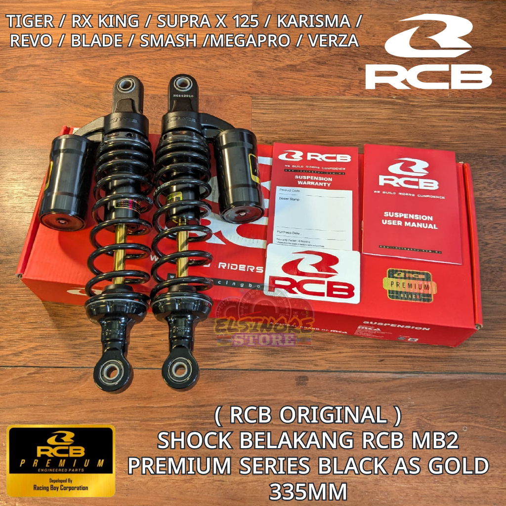 SHOCK BELAKANG RCB MB2 SERIES RX KING/TIGER/KARISMA/REVO/MEGAPRO 335MM RCB PREMIUM BLACK AS GOLD