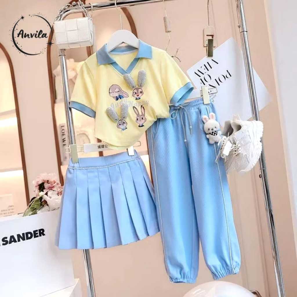 Setelan Anak Perempuan Import Variasi Setelan Rok Plisket dan Setelan Celana Rabbit Cute Kekinian
