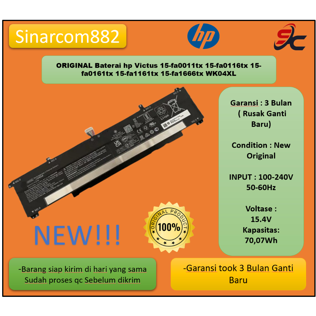 ORIGINAL Baterai hp Victus 15-fa0011tx 15-fa0116tx 15-fa0161tx 15-fa1161tx 15-fa1666tx WK04XL