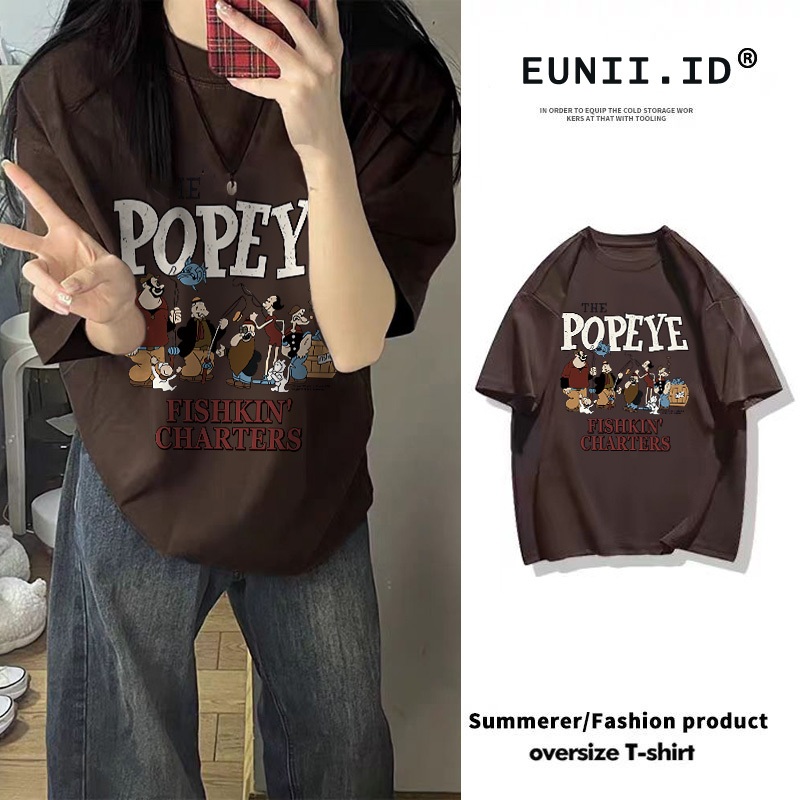 EUNII Kaos lengan pendek longgar cetak kartun wanita Korea| Atasan Fashion Elegan Gaya Modern Korea/