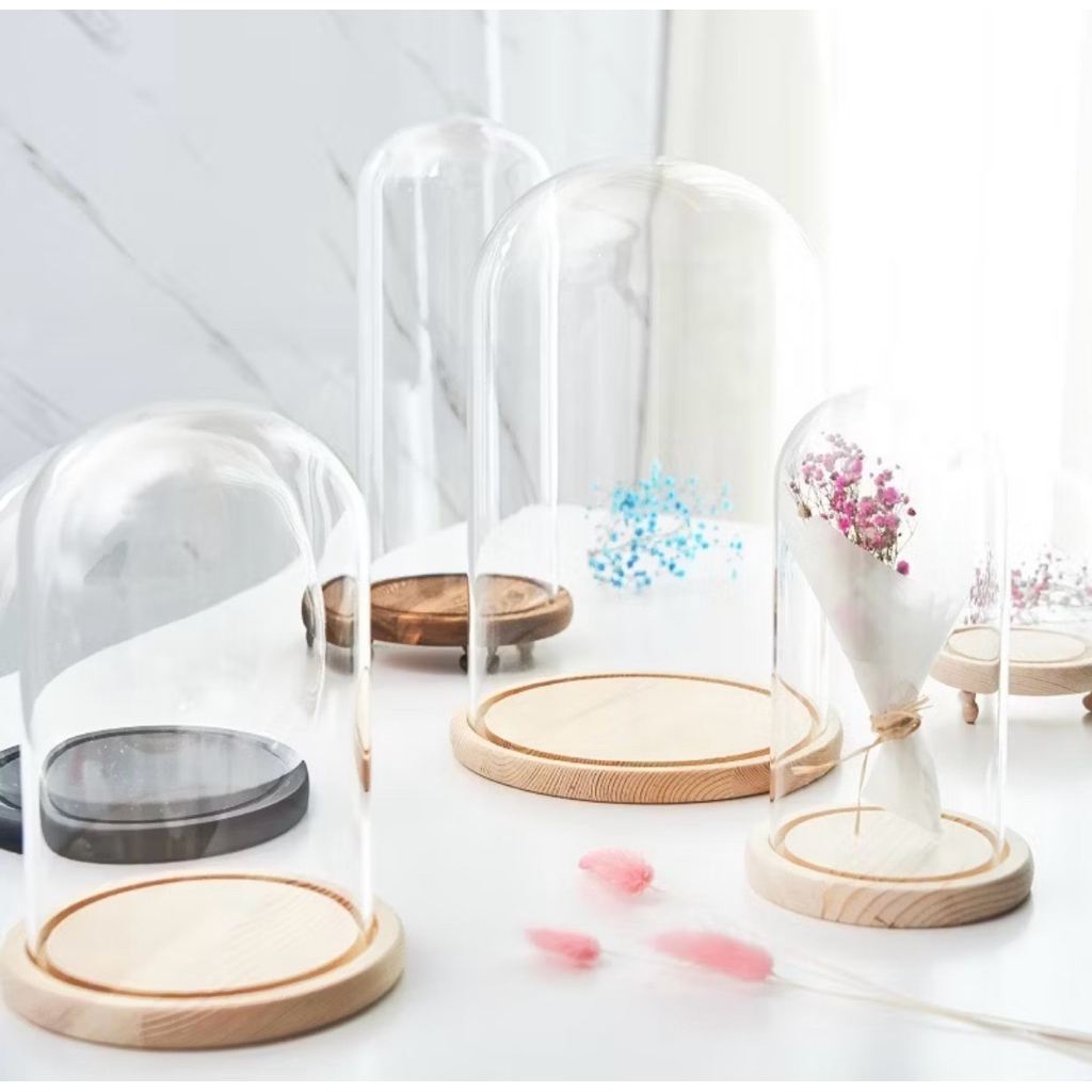 GLASS DOME / flower glass dome alas kayu