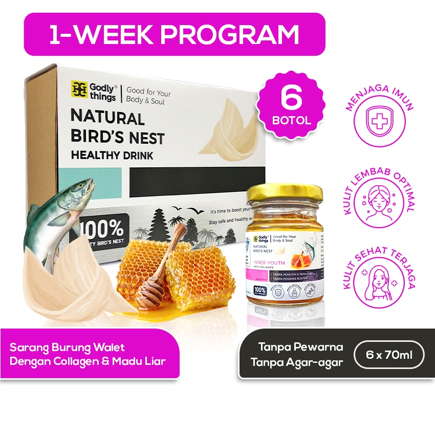 

Godlythings | Minuman Sarang Burung Walet Bird's Nest Drink | Varian Inner Youth dengan Tambahan Collagen dan Madu Liar Asli | Menjaga Imun, Kulit Lembab dan Sehat Optimal | Tanpa Pewarna Pengawet Dan Pemanis Buatan