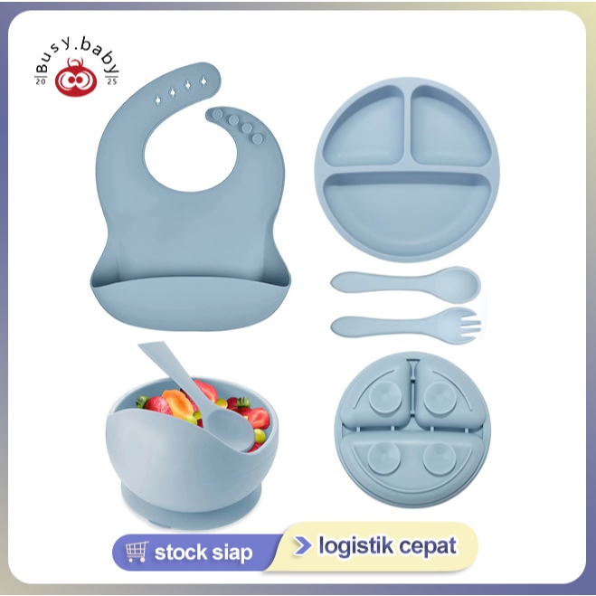 5pcs Set alat makan silikon anak-anak bib piring makan piring makan bayi suplemen bayi pelatihan pen