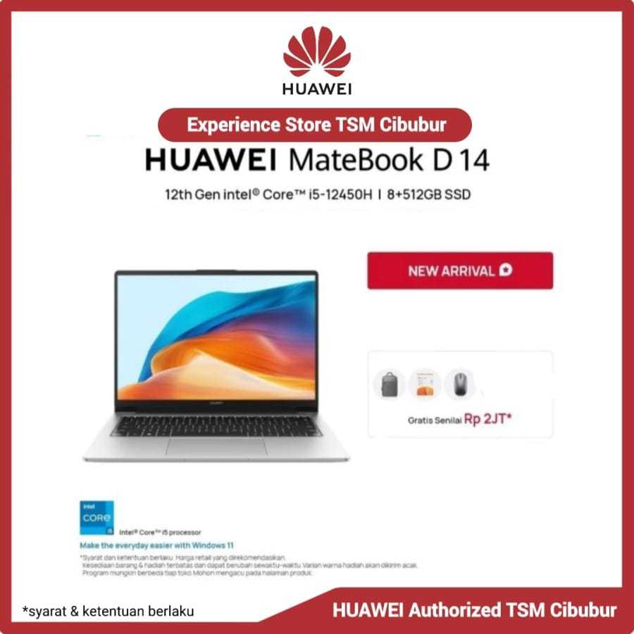 HUAWEI MateBook D 14 12th Gen Intel Core i5-12450H 8+512GB SSD Laptop Baru dengan Body Metal Kokoh &