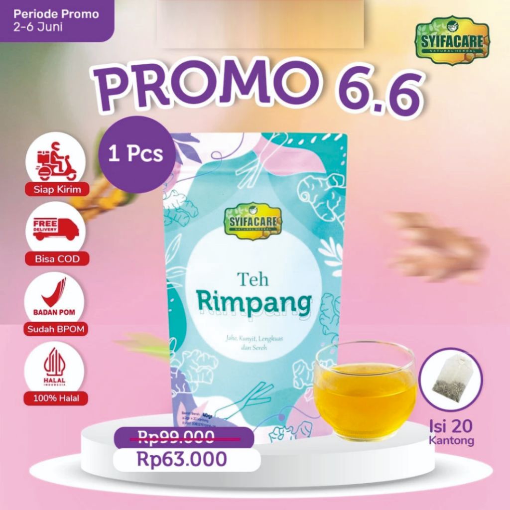 

Teh Rimpang Syifacare - Minuman Instan Herbal Rempah Jahe Kunyit Lengkuas Sereh - BPOM & HALAL MUI