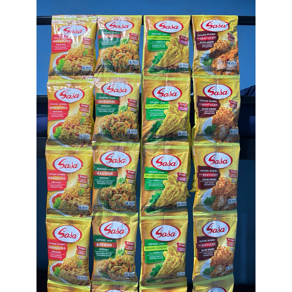 

Tepung bumbu sasa serbaguna 210 gram Tepung bumbu sasa serbaguna 70 gram Tepung bumbu sasa pisang 70 gram Tepung bumbu sasa bakwan 90 gram Tepung bumbu sasa kentaki 70 gram