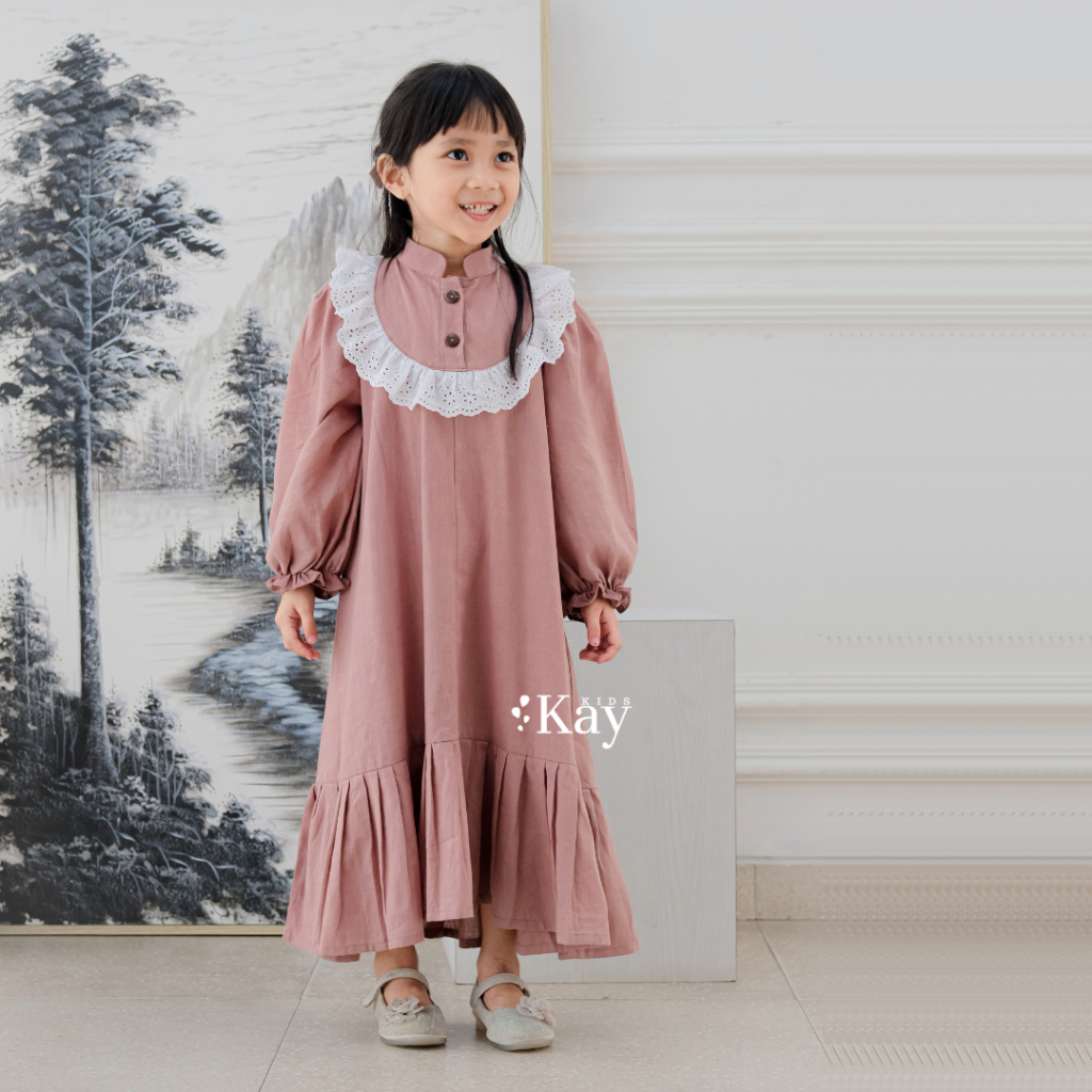 KayKids - Baju Dress Gaun Ruffle Katun Bolong Anak Perempuan Gamis Linen