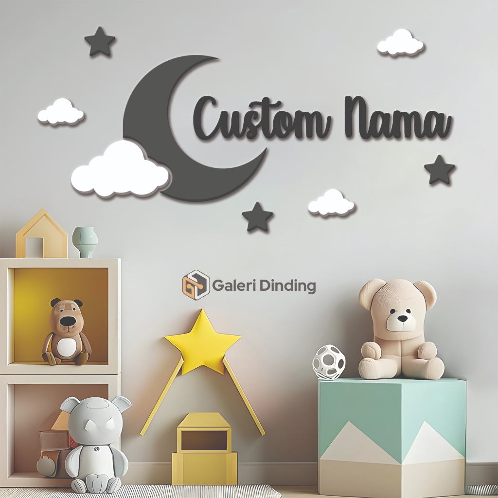 Hiasan Dinding Ukir Custom Nama Motif Bulan Sabit Awan | Dekorasi Dinding Aesthetic Kamar Tidur Anak