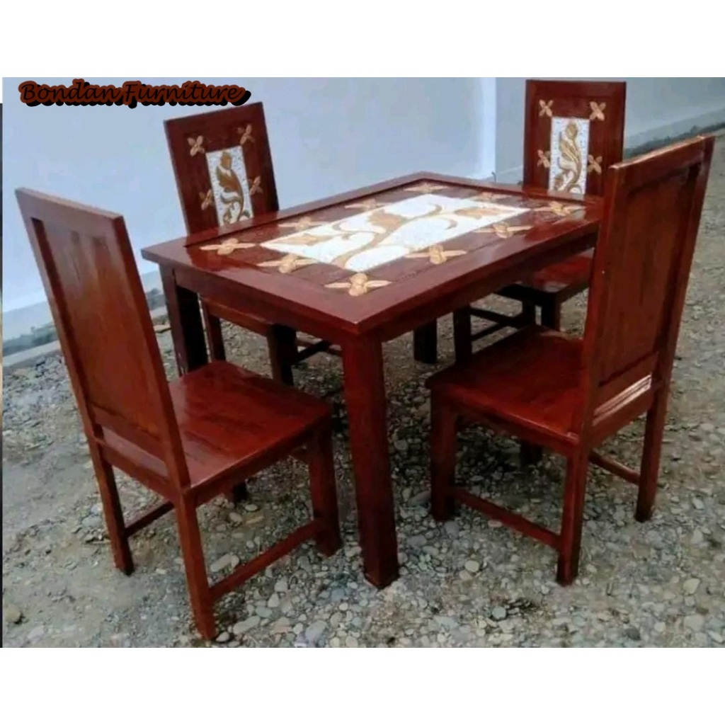 set meja makan tuli kombinasi duco putih dan emas kayu jati asli