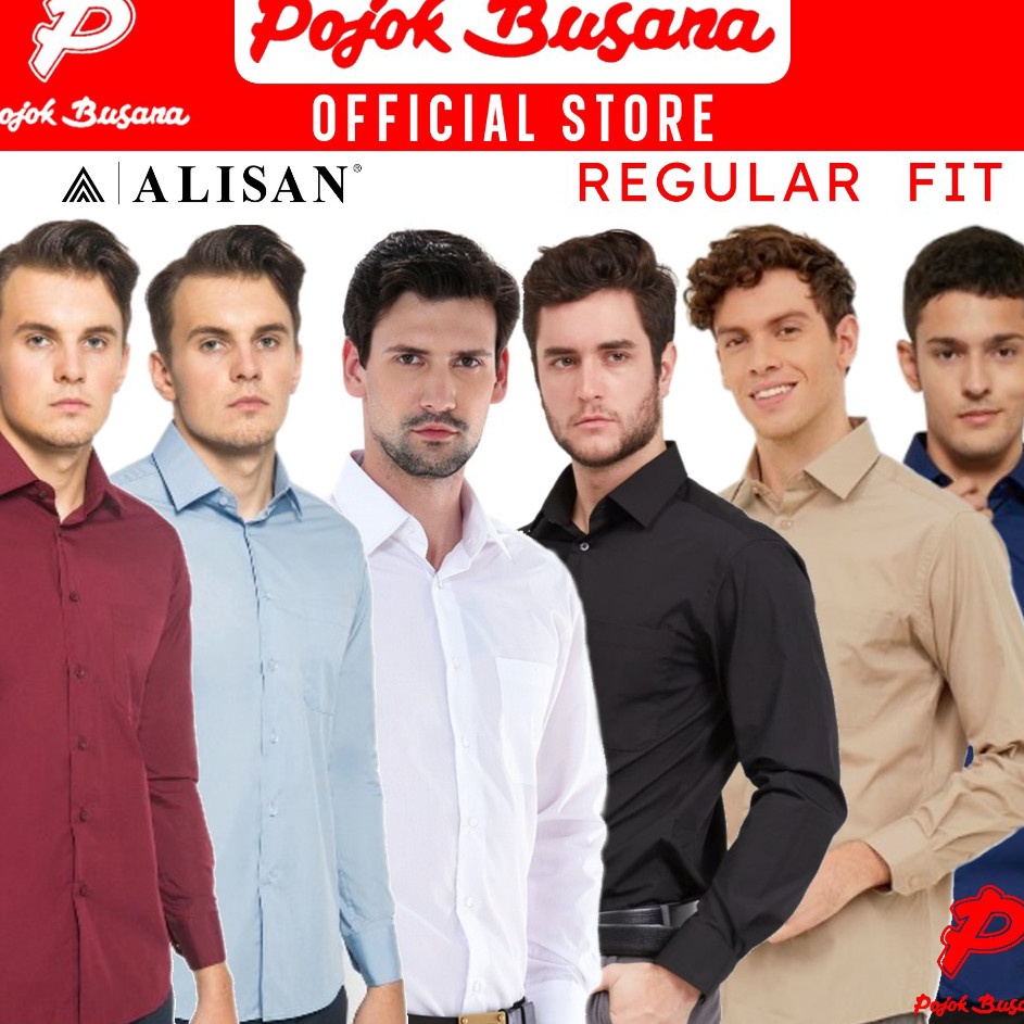Best Pojok Busana Alisan Kemeja Lengan Panjang Polos Pria Regular Fit Hitam Putih Biru Coklat Maroon