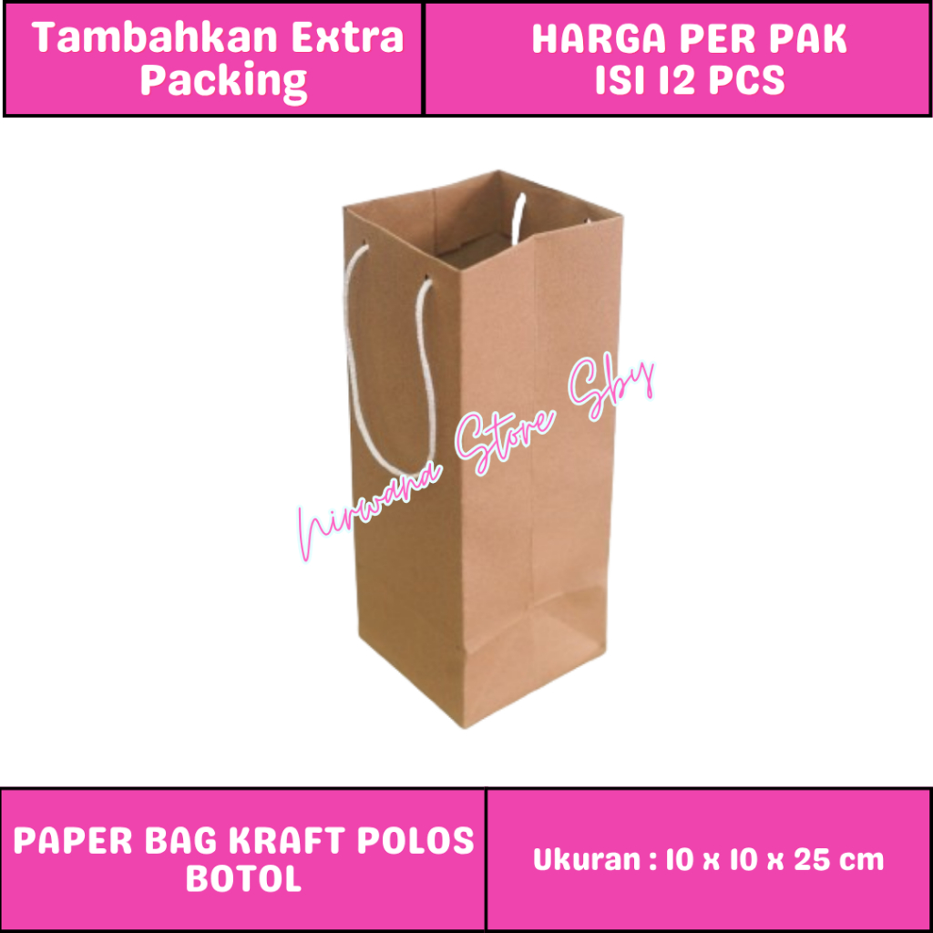 

(12 Pcs) Paper Bag Botol Kraft Polos 10x10x25 cm | Tas Botol / Tas Kado / Tas Souvenir