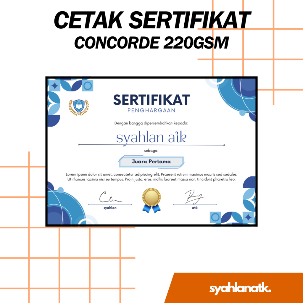 

CETAK SERTIFIKAT PIAGAM PENGHARGAAN BAHAN CONCORDE 220 GSM SEHARI JADI CEPAT MURAH