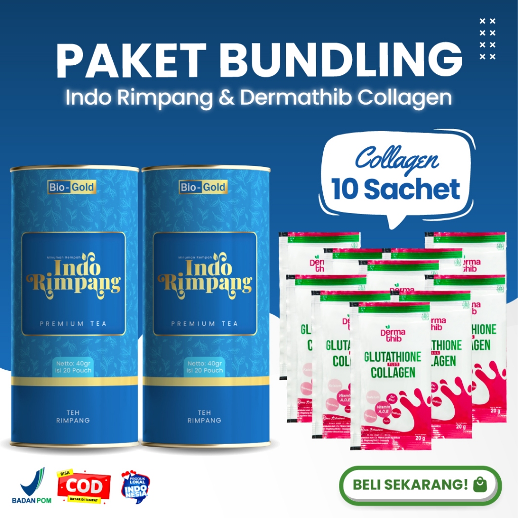 

[Paket Bundling] 2 Kaleng Teh Indo Rimpang Premium Tea Pluss 10 Sachet Dermathib Collagen Drink