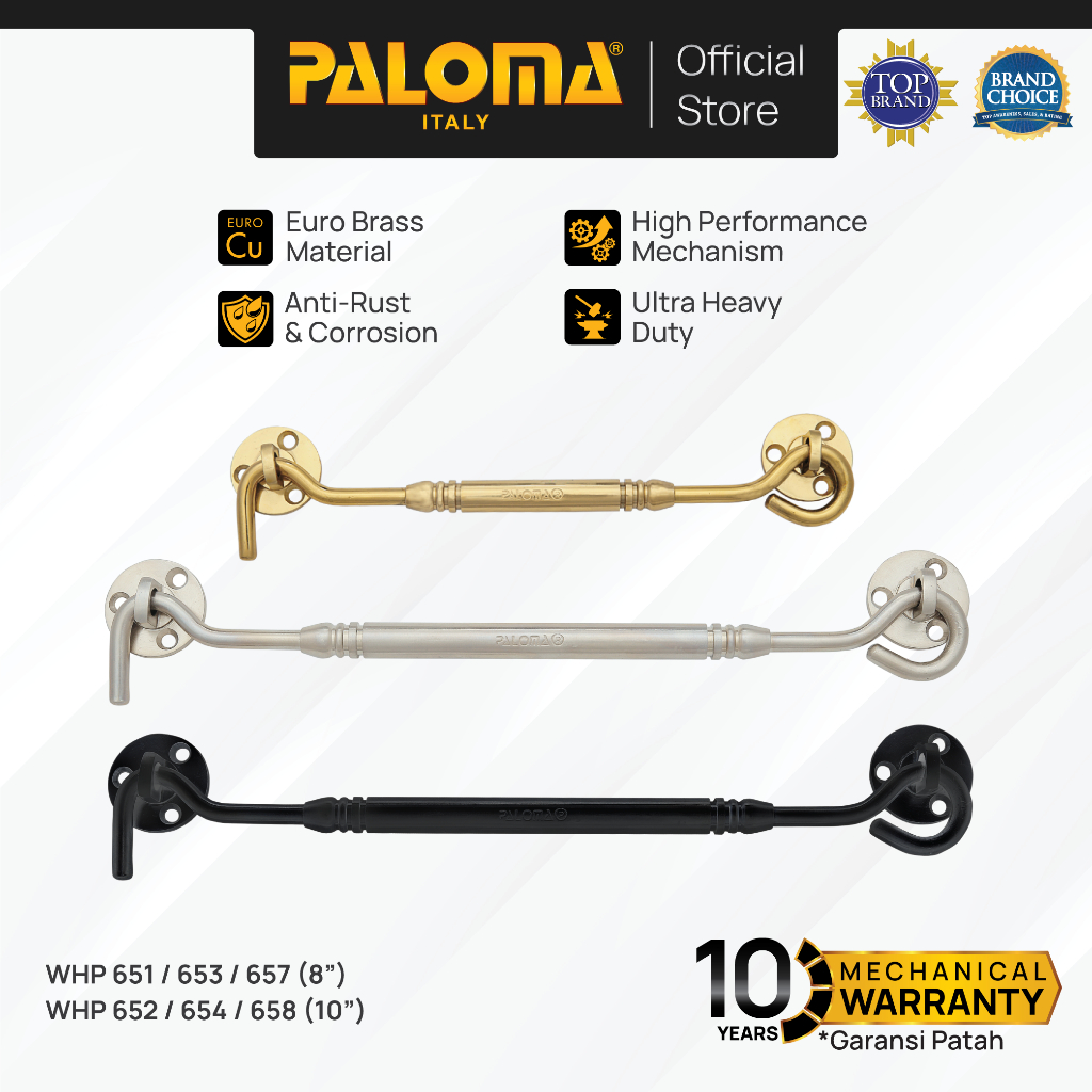 PALOMA WHP Penahan Hak Angin Jendela Window Hook 8" 10" inch Brass Kuningan Gold Silver Grey Black E