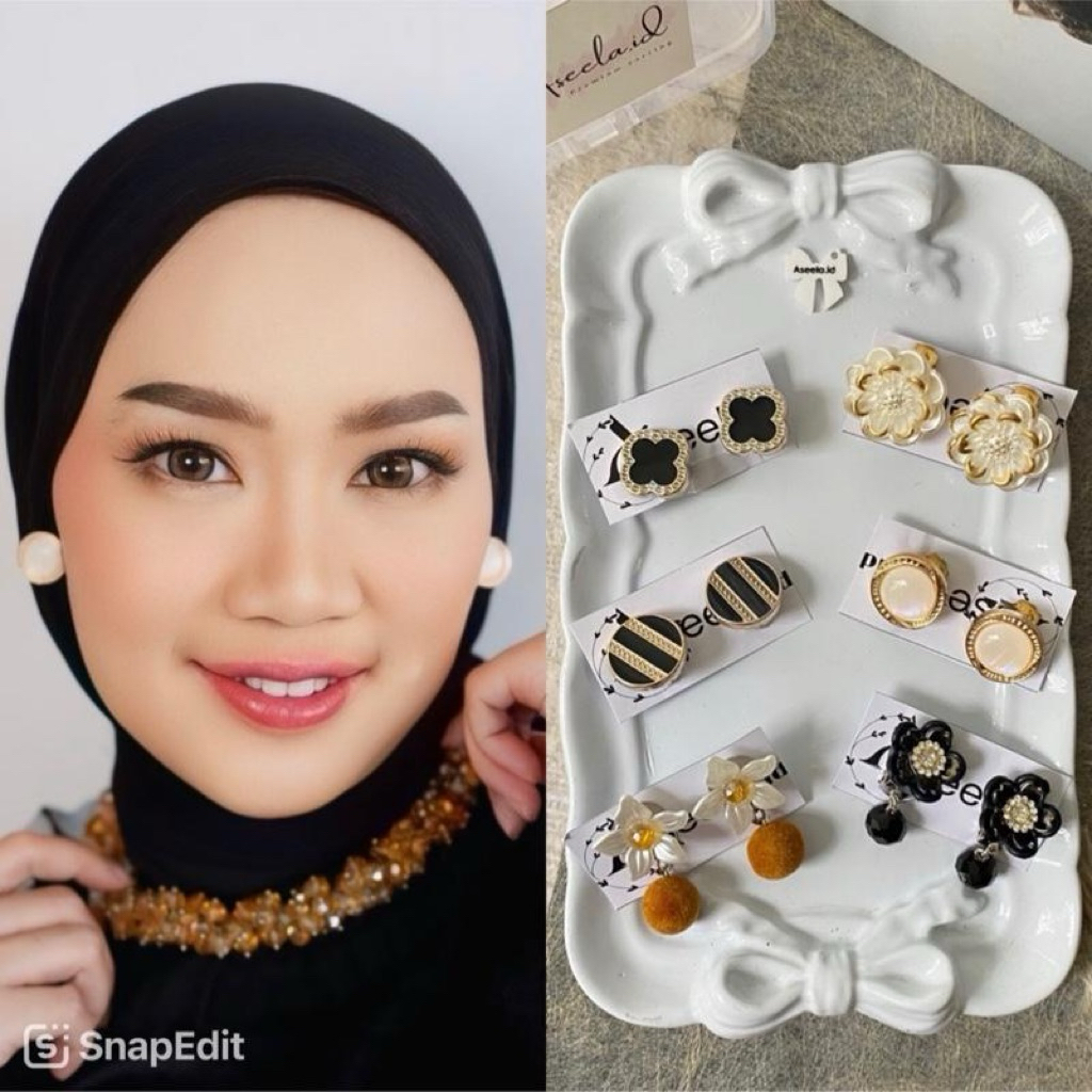 ORIGINAL Paket Anting KlipAnting jepitAnting hijab bunga lucu isi 6 Earrings