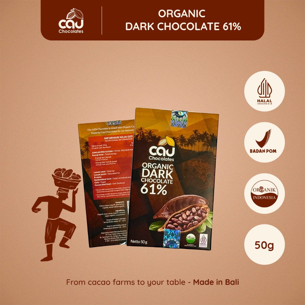 

CAU CHOCOLATES - Organic Dark Chocolate / Coklat Organik 61% dengan Gula Kelapa - 50 gr