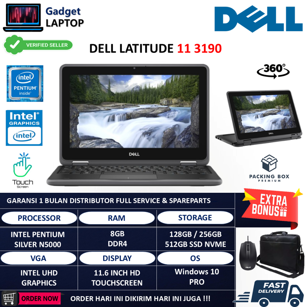 Laptop 2in1 Dell Latitude 11 3190 Intel Pentium Silver N5000 8GB 512GB 11.6 Inch Touchscreen