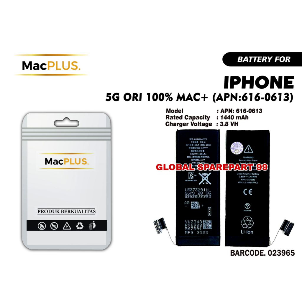 BATERAI (APN:616-0613) IPHONE 5G / IP 5G ORI 100% MAC+ BATERAI BATTERY BATRE