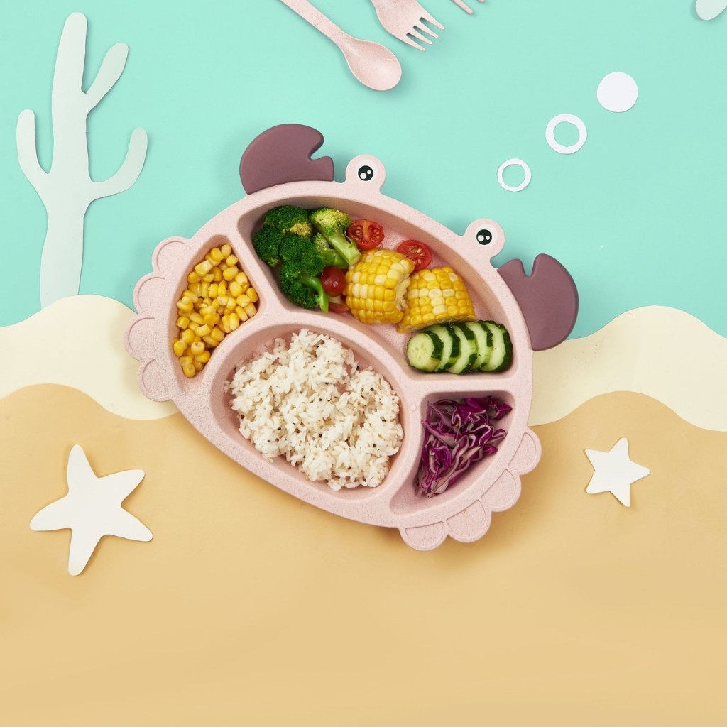 OASIS Tempat Makan Anak Kepiting Imut Set Piring Sendok Garpu Sumpit Imut Estetik Bahan PP Durable
