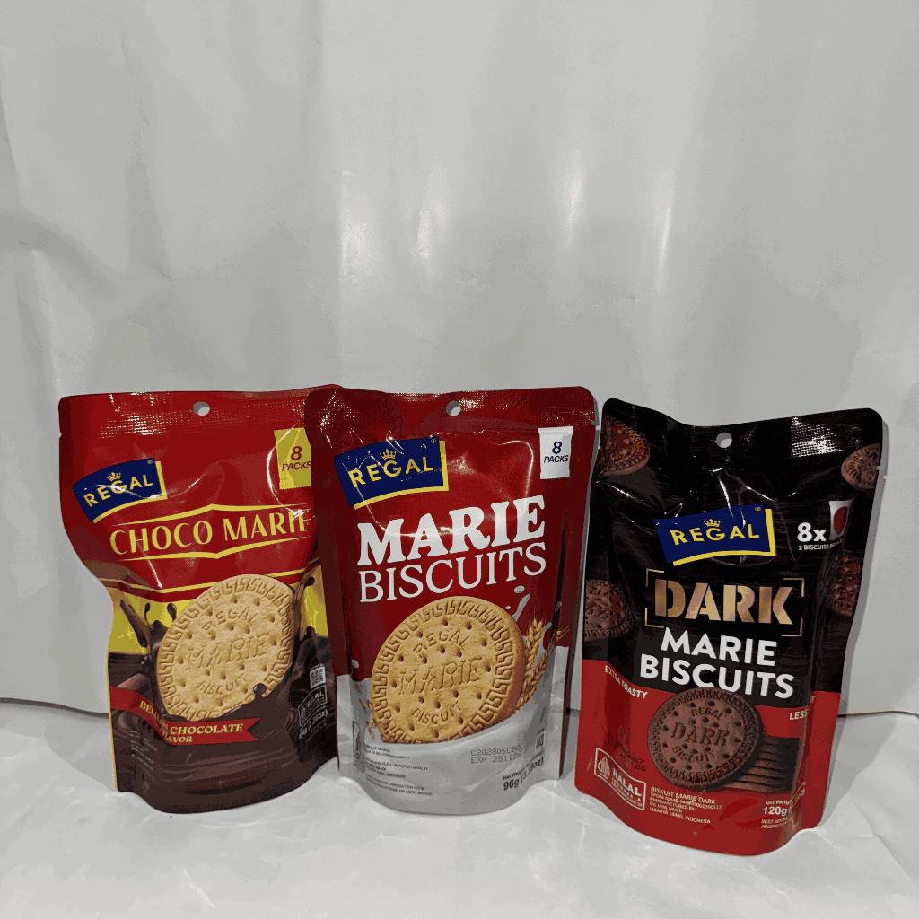 REGAL ROYAL  MARIE BICSUITS POUCH DARK, CHOCOMARIE, ORIGINAL RENCENG