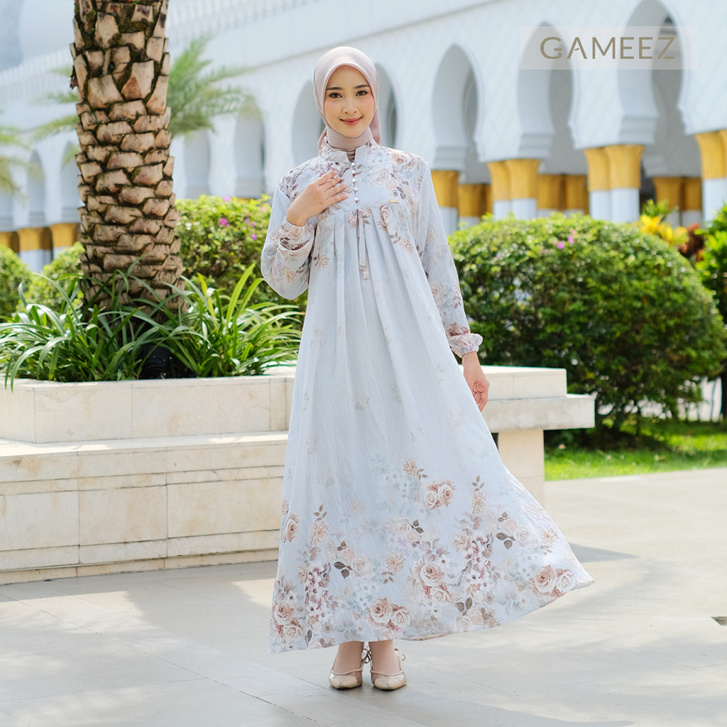 Gameez - Gamis Maxi Dress Linen Crespo Premium Kondangan Muslim Motif Bunga Warna Baby Blue - GM06