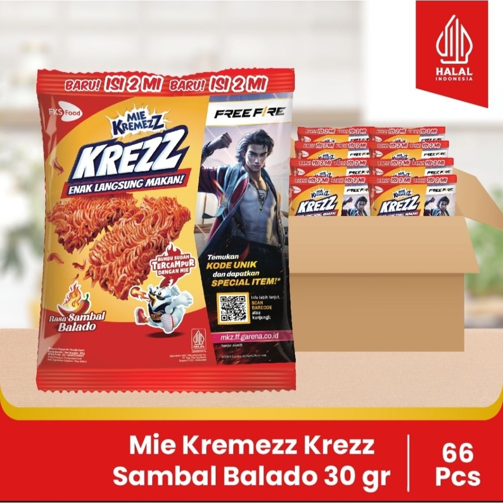 

Mie Kremezz Krezz - Sambal Balado- 1 karton (6 renceng) - 11pcs - 30gr
