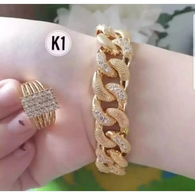 Gelang Tangan Rantai Sisik Naga Dan Cincin Baris Plat Permata