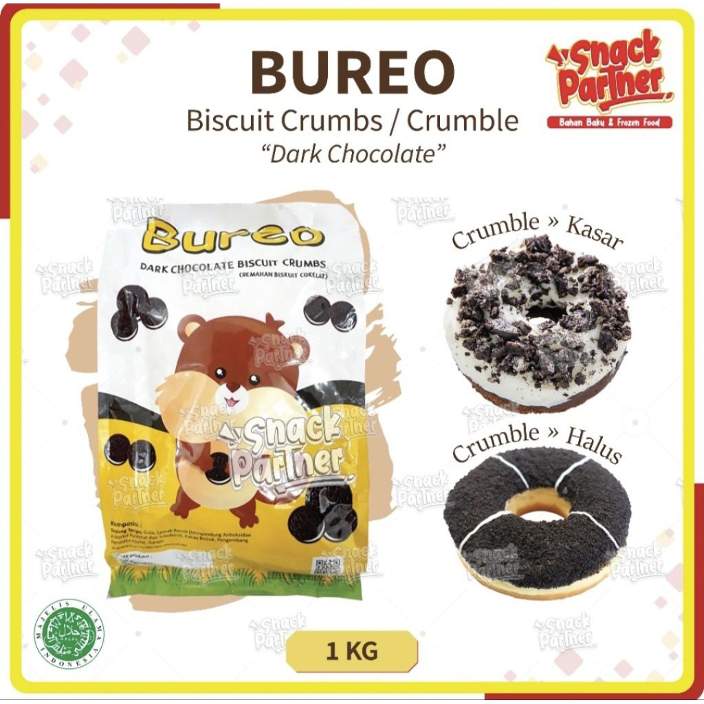 

BUREO crumble 1kg varian coklat dan red velvet tekstur halus dan kasar - krambel - taburan donat es krim toping kue bubuk remahan biskuit