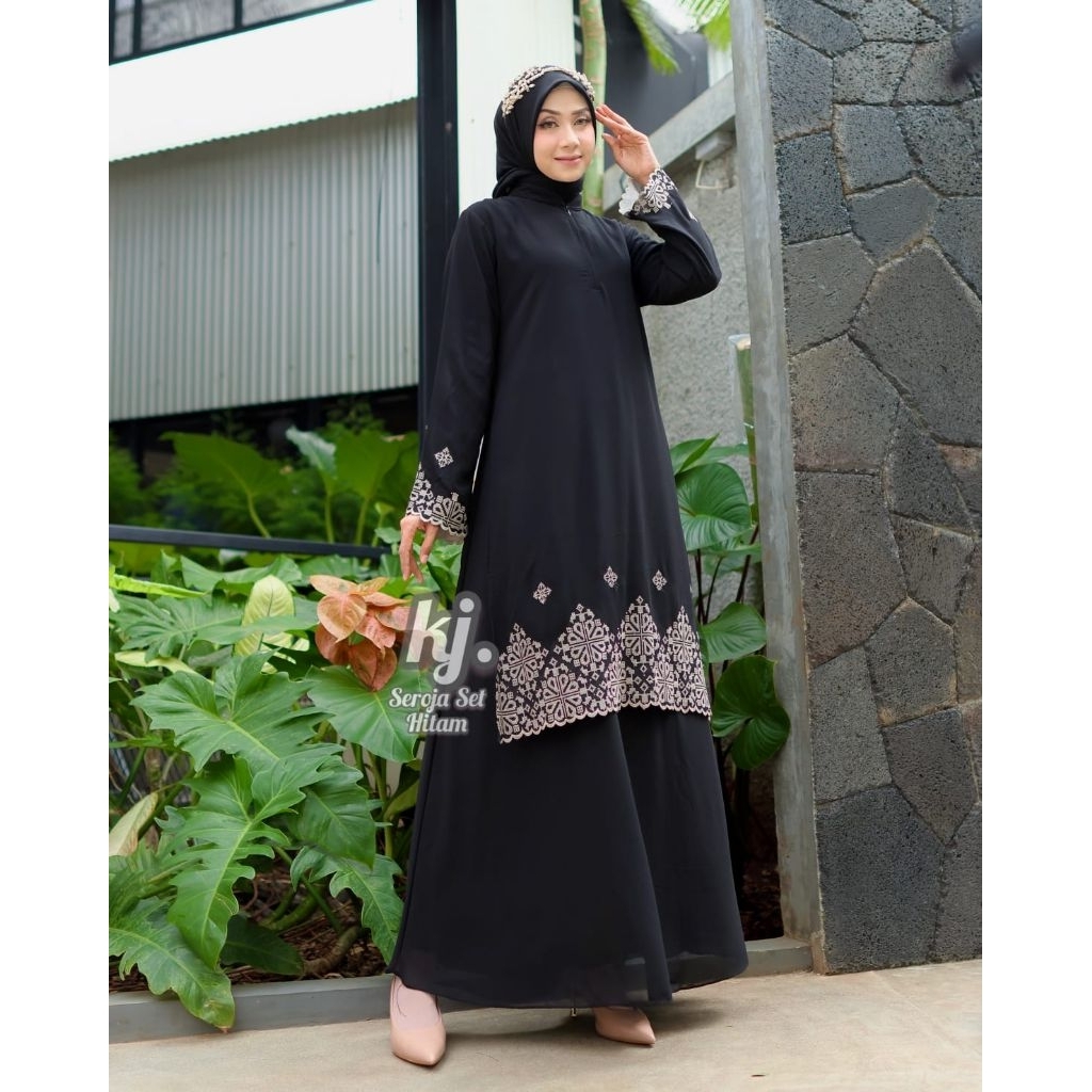 ADeliya _ Gamis Khadijah Seroja Set Hijab / Dress wanita Bordir