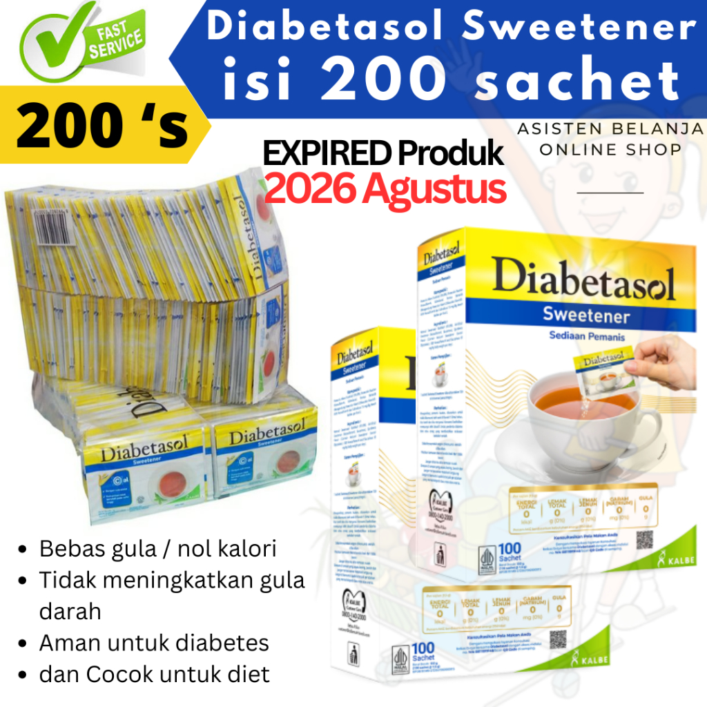 

Isi 200 sachet gula Diabetasol gula sachet Sweetener Pemanis Alami pengganti diabetes 2 box 100 's