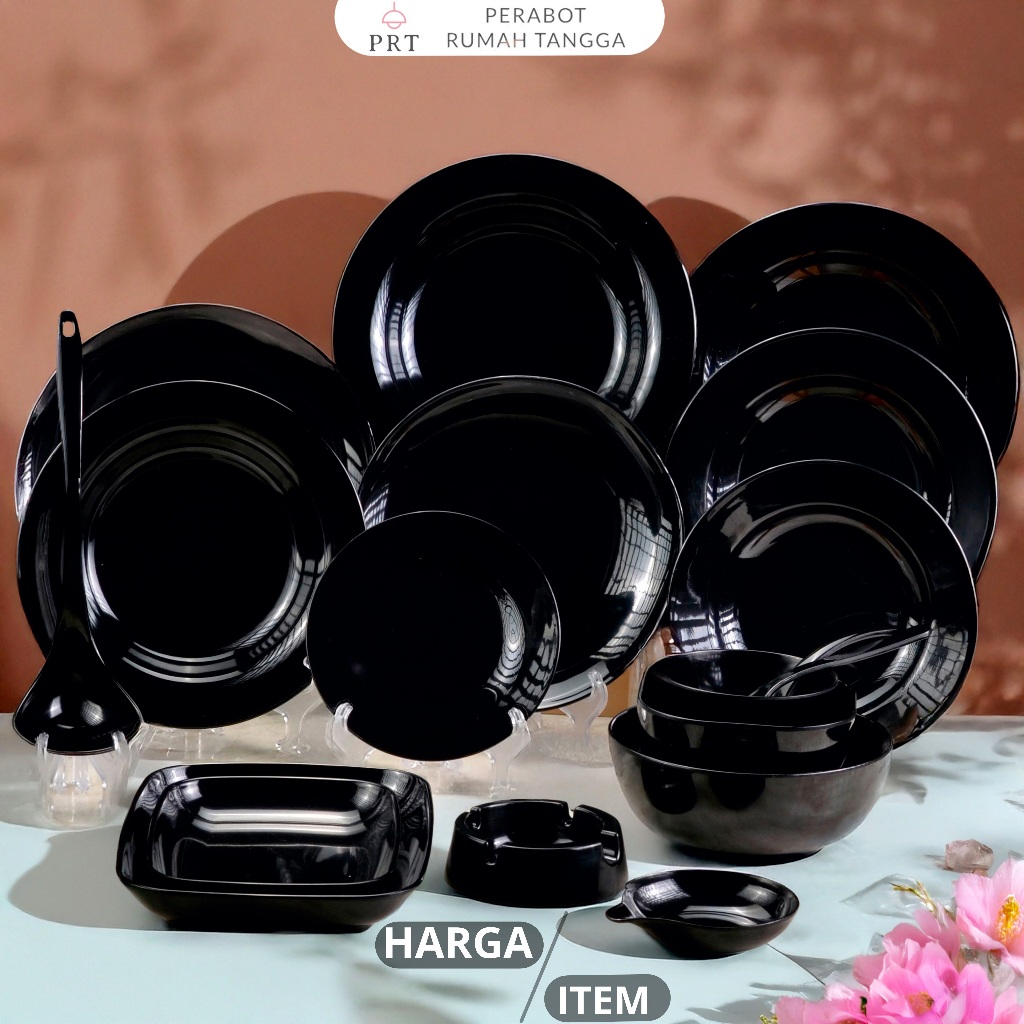 Set Perlengkapan Makan Warna Hitam Melamin Asli 100% / Set Lengkap / Piring Mangkuk Sendok