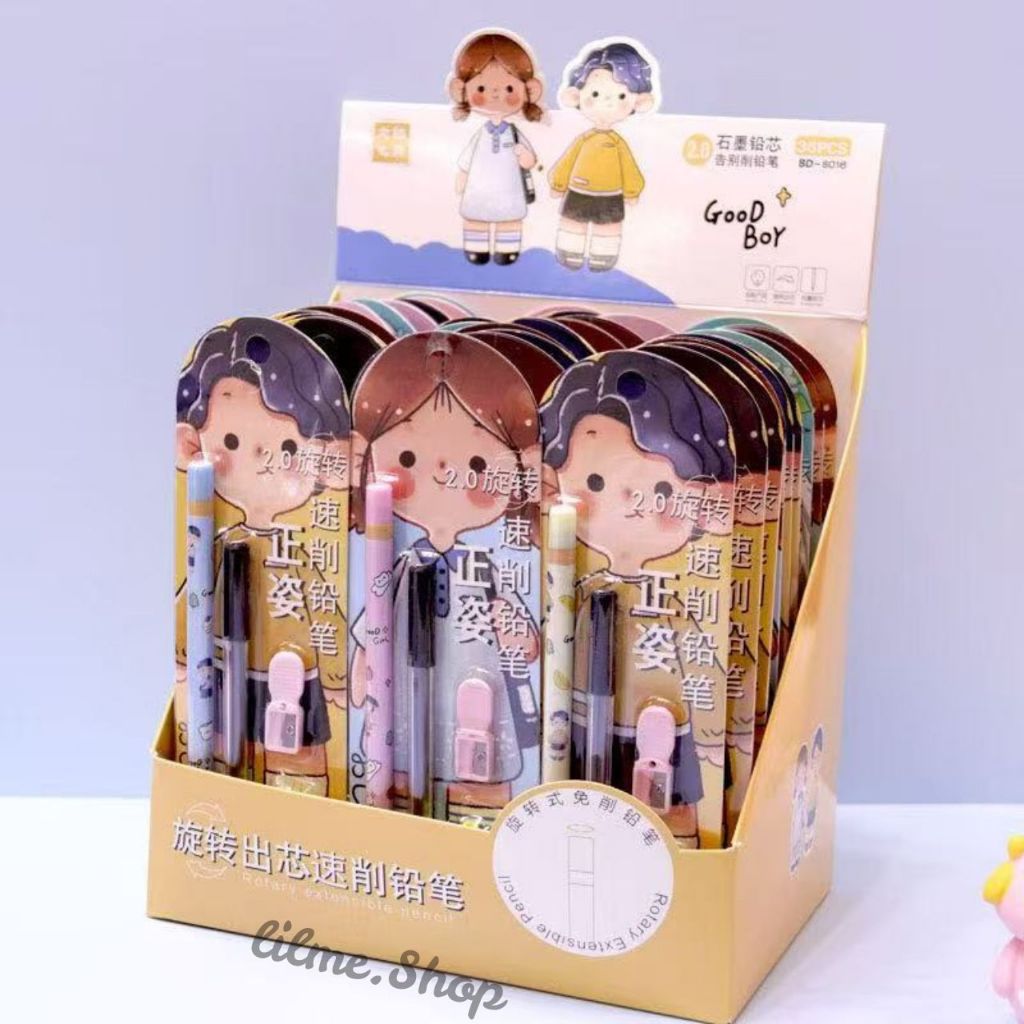 

[1 Set] Pensil Mekanik Tebal 2.0mm Dengan Refill Dan Rautan / Pensil Tulis Mekanik Anak Karakter Lucu