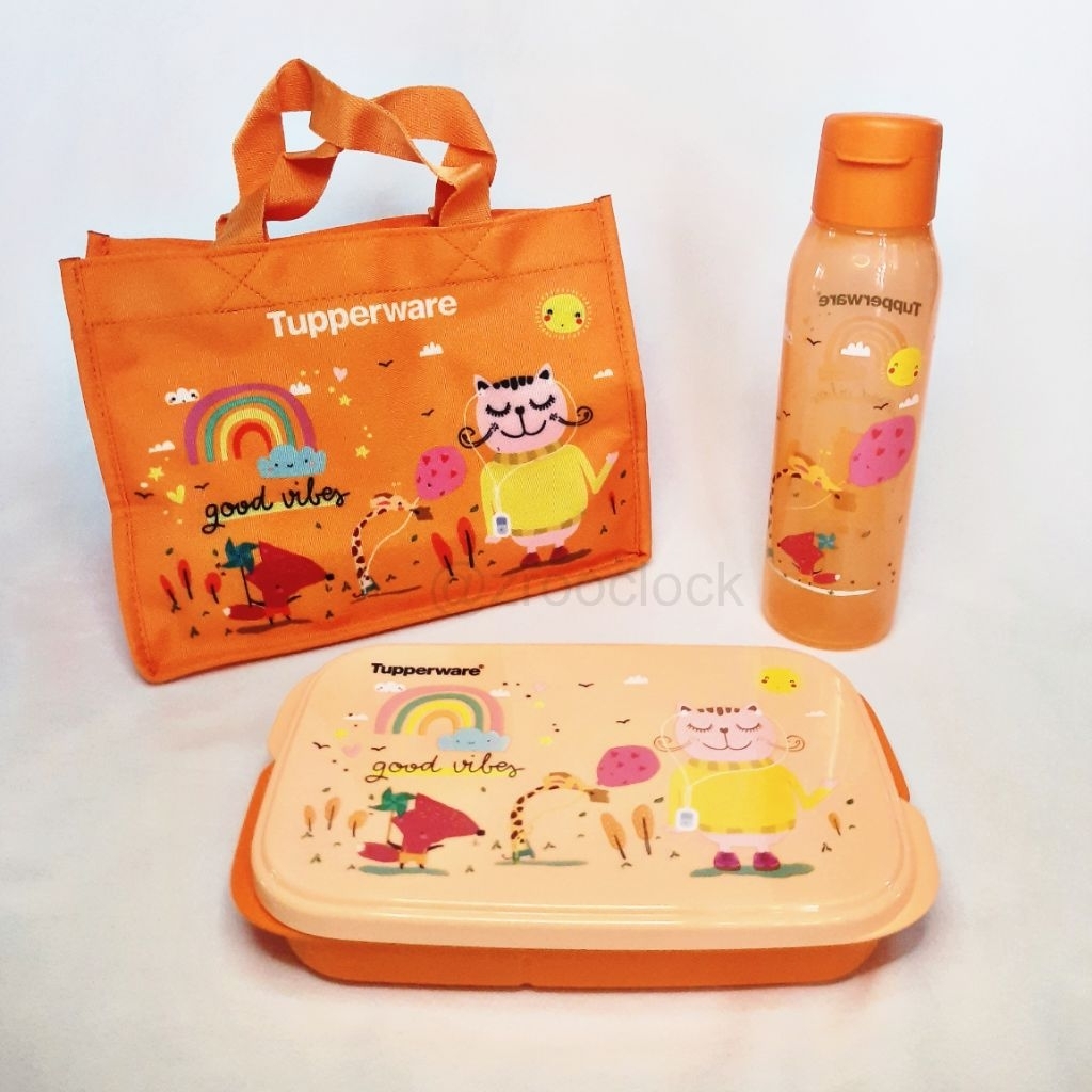 Foodie Buddy Orange Cat Tupperware / Lunch set / Tepak makan anak / Tas bekal / Botol minum karakter