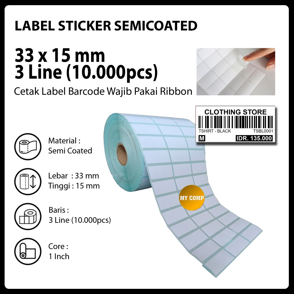

Kertas Label Sticker Barcode Semicaoted 33x15 mm 3 Line Isi 10000pcs