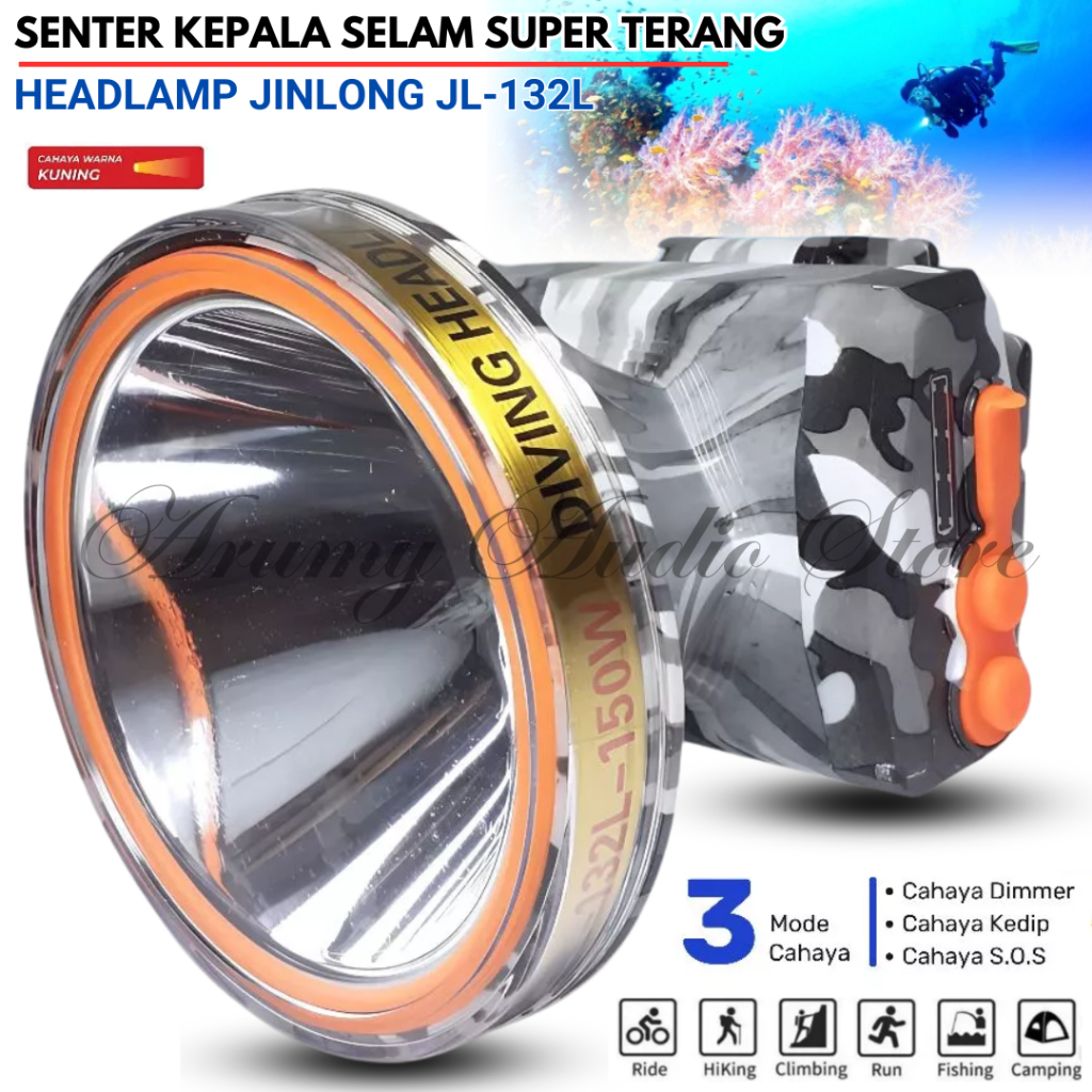 Senter Kepala Selam Jinlong Jl 132l 150w Cahaya Putih / Senter Kepala Selam Jinling 150w Jl 132l | G