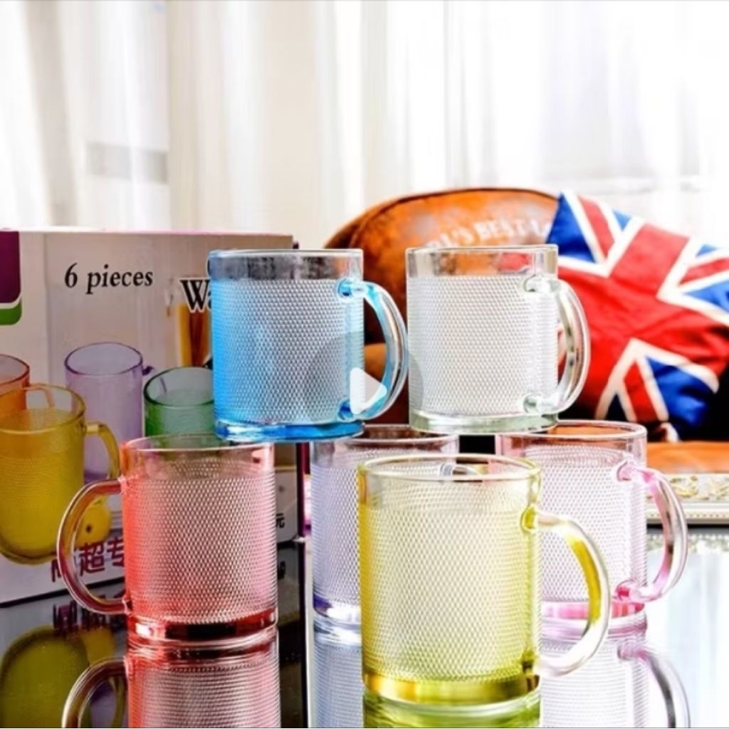 Gelas Kaca 6 SET  Warna warni GLASSWARE gagang manik pelangi/Gelas kaca  tebal 6 set