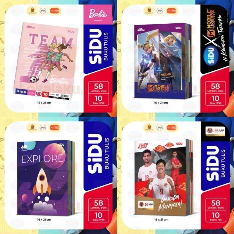 

Buku Tulis Anak Sekolah SIDU 58 Lembar 10 Pack Karakter Merah Putih | Barbie | Mobile Legends 2025