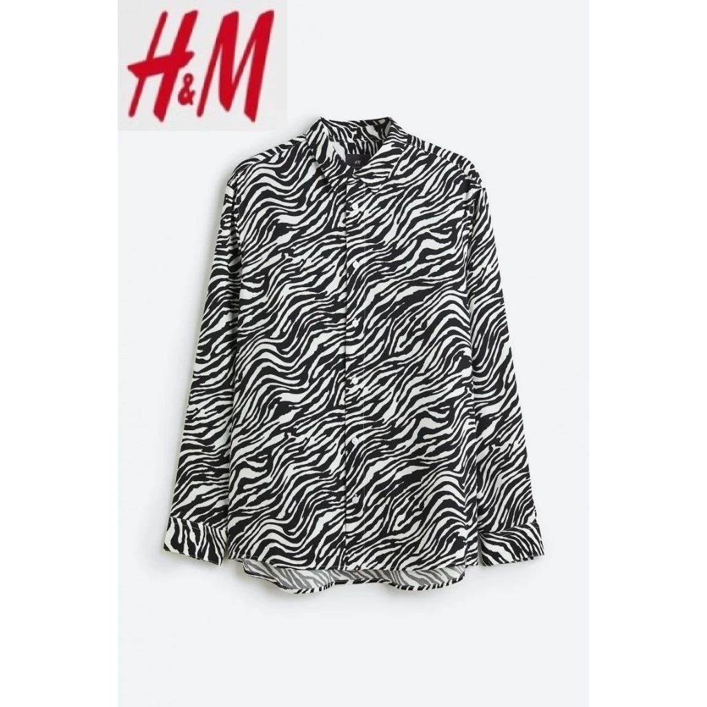 Kemeja HM  Pria Lyocell Zebra Print Shirt Long Sleeve