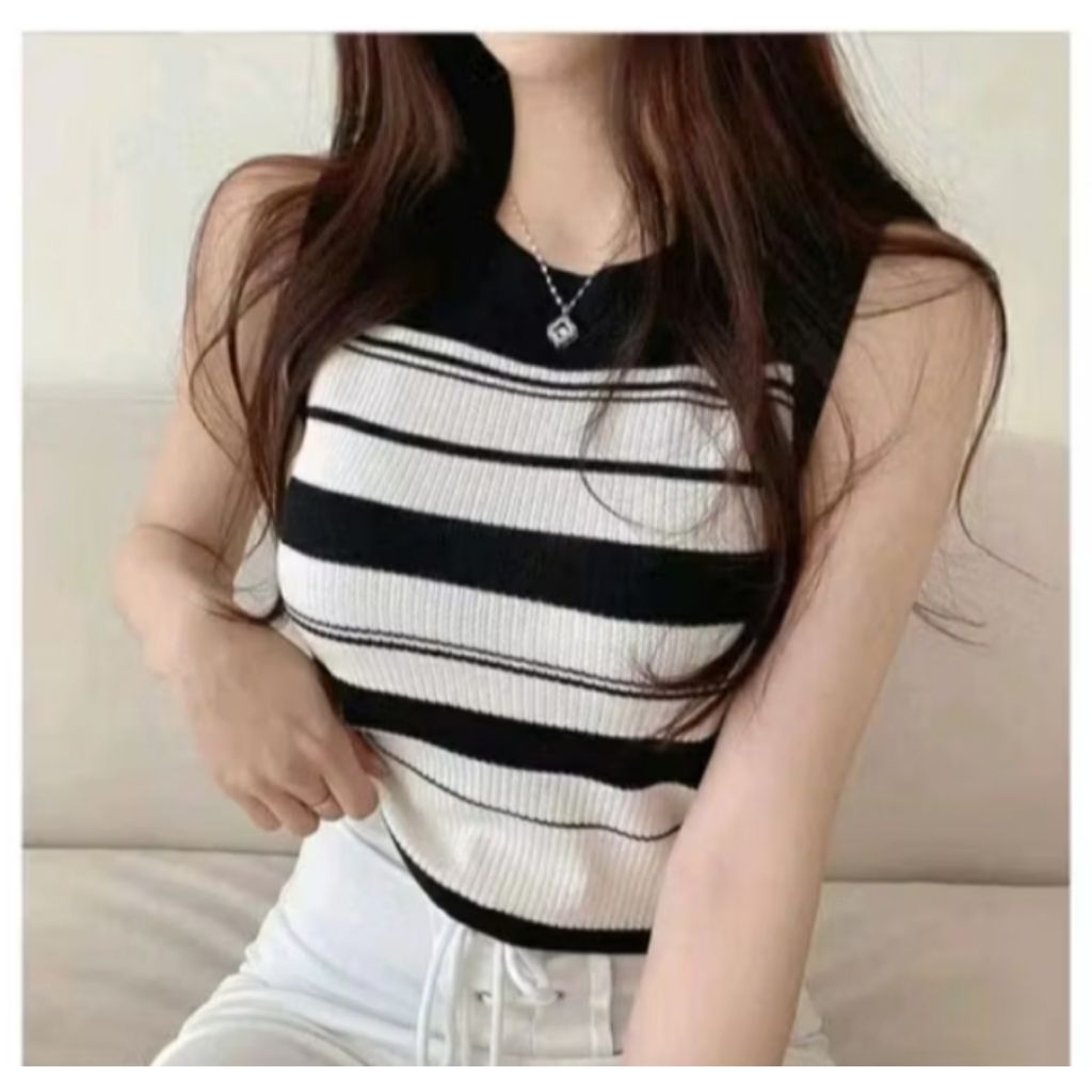 Stella vest rompi motip --tanktop crop garis rajut wanita korea