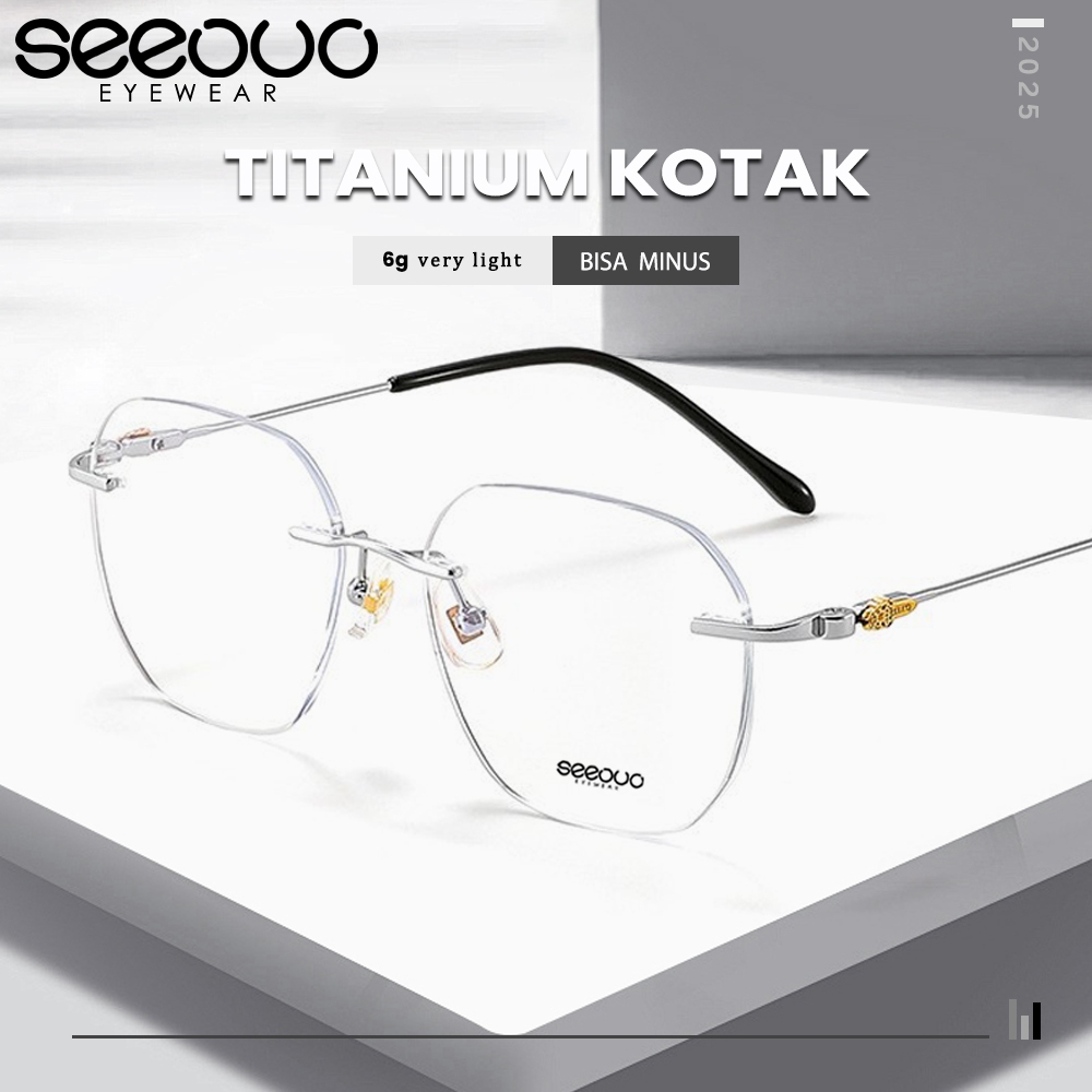 Seeouo Kacamata Titanium Rimless Light Frame Model Kotak Premium Glasses Pria Wanita Bisa Minus Anti